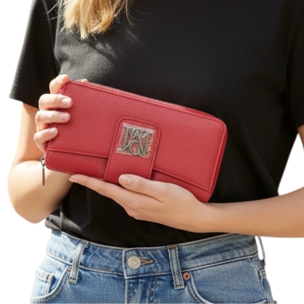 Badgley‎ Mischka Pebbled Burgundy Zip Wallet with Metallic Logo Plaque